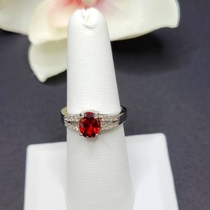 Size 7 Red Gemstone Ring with White Accent Stones Silver Band